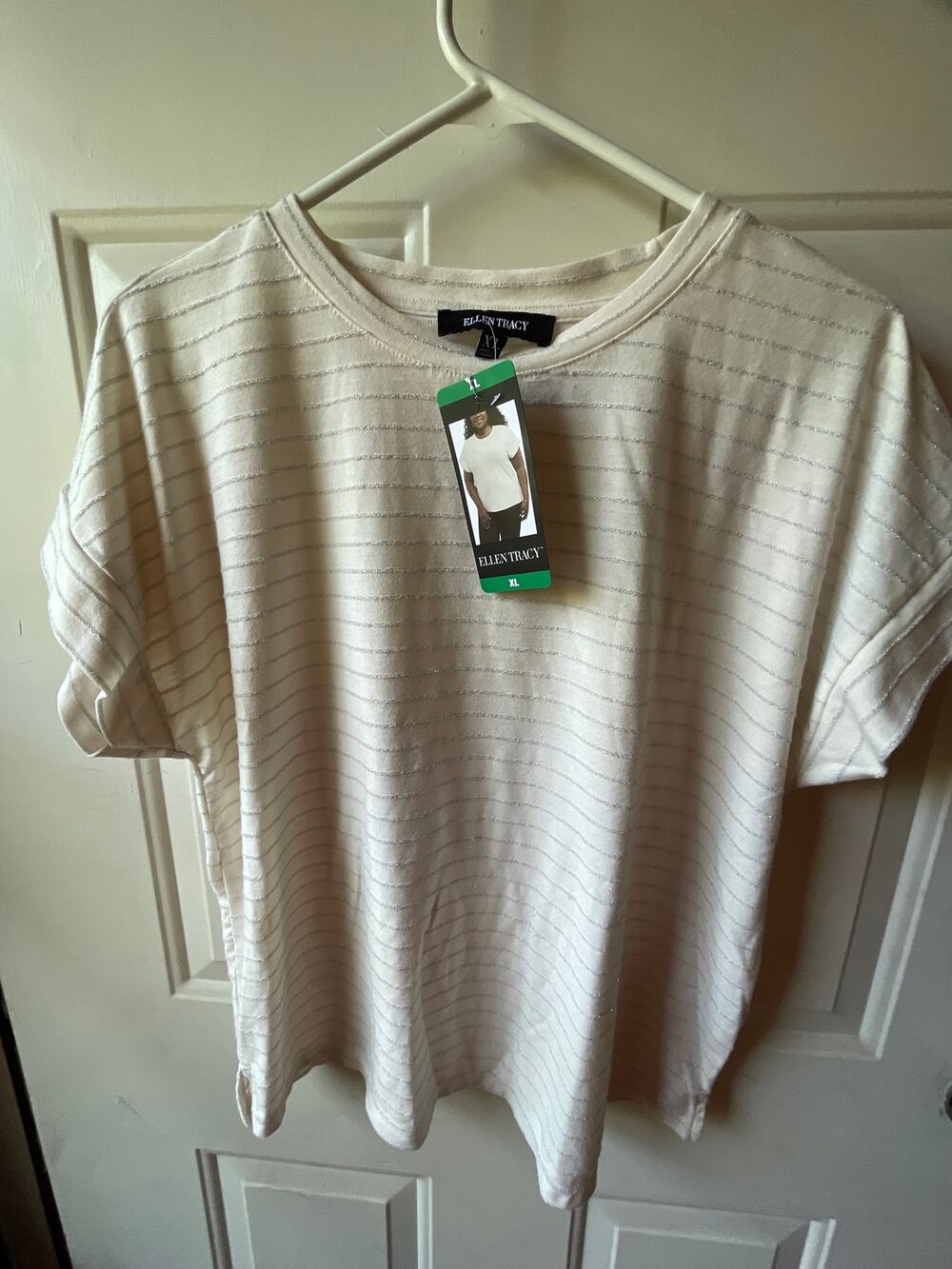 Women’s Ellen Tracy Top Color Cream with Silver Tinsel Stripes 
Size XL